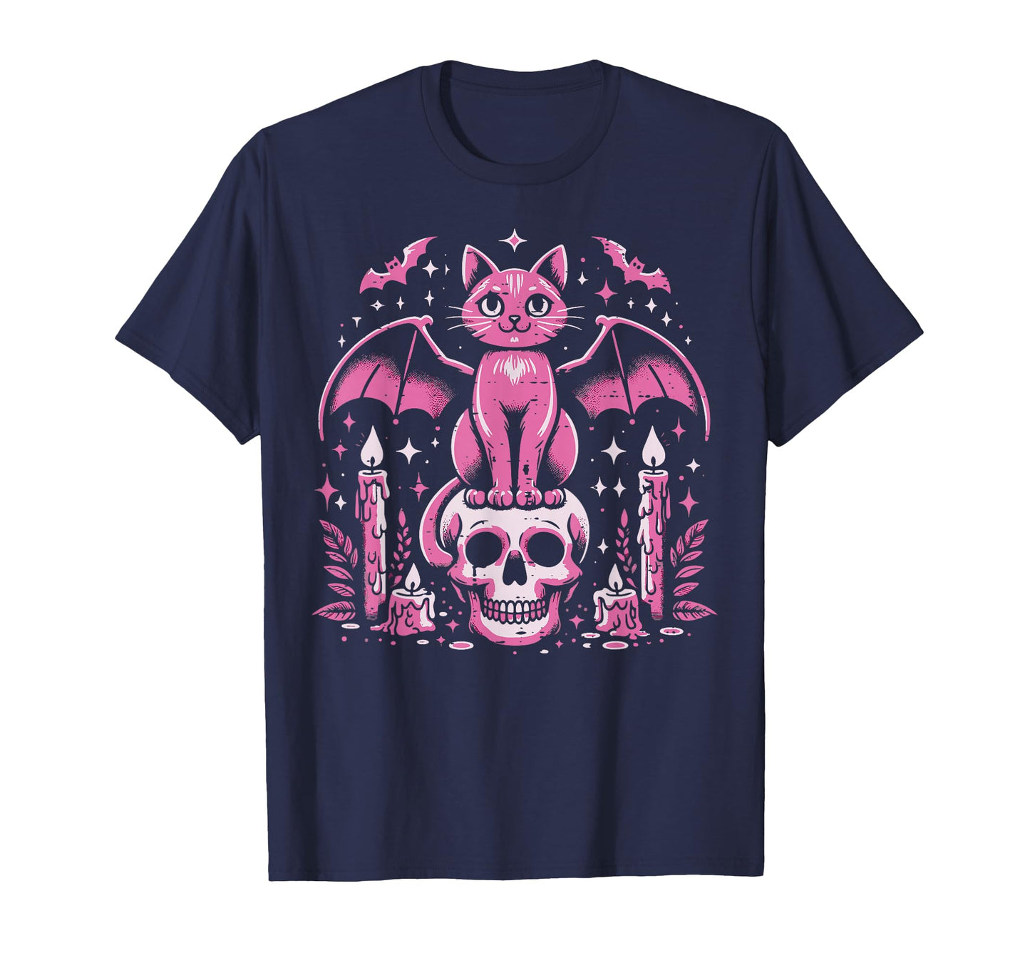 Cat Bat On Skull Halloween Costume Goth Women Girls Kids T-Shirt