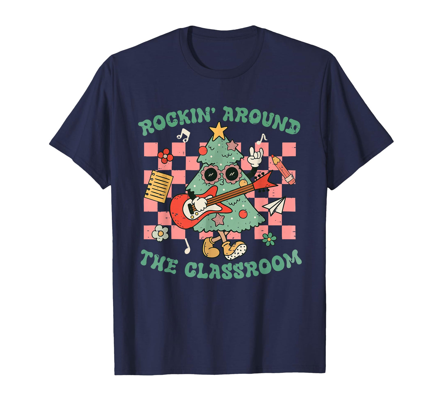 Retro Teacher Christmas Tree Rockin Around The Classroom T-Shirt