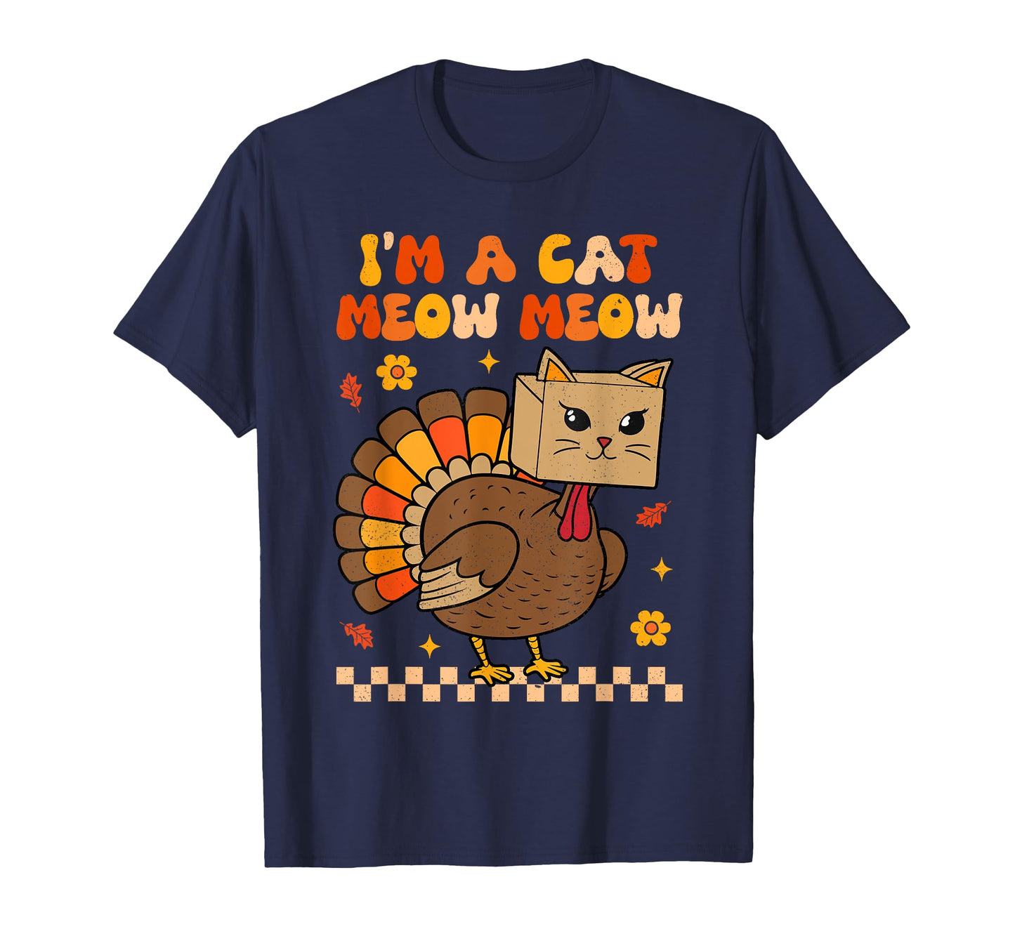 Groovy Thanksgiving Turkey Cat Meow Funny Women Men Kids T-Shirt