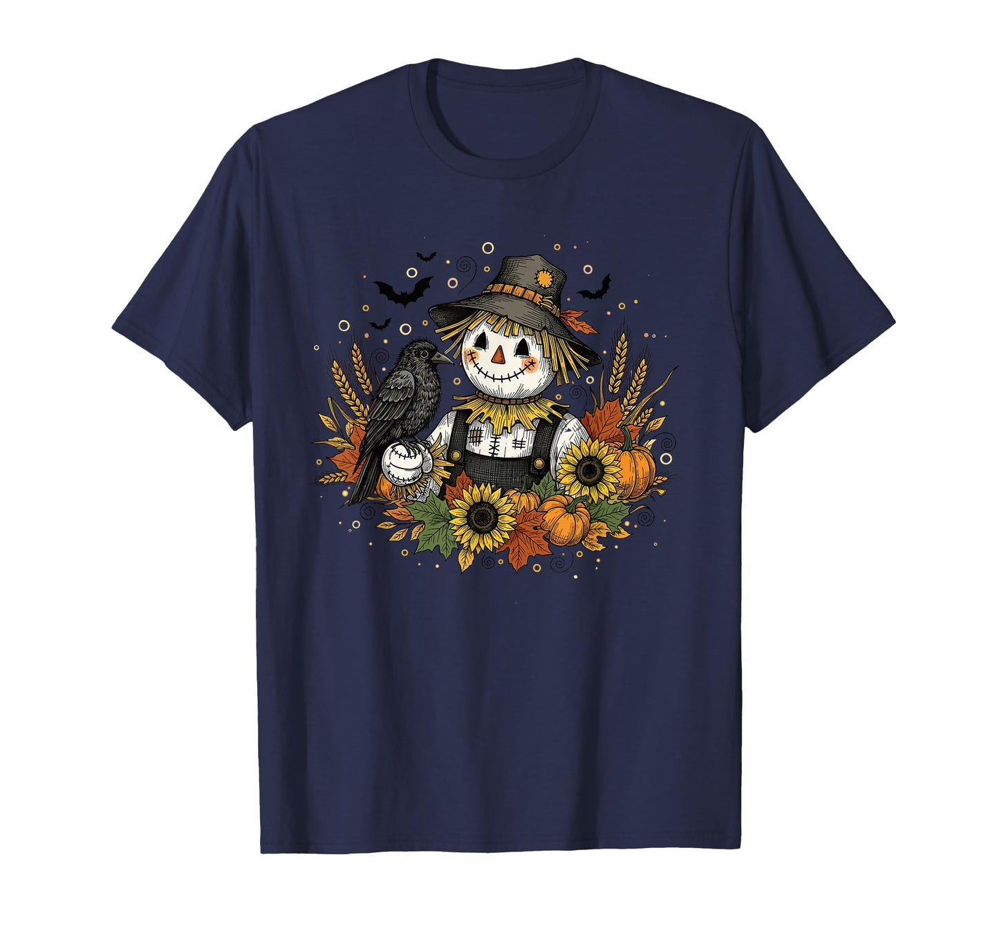 Cute Autumn Scarecrow with Sunflowers and Crow Art T-Shirt