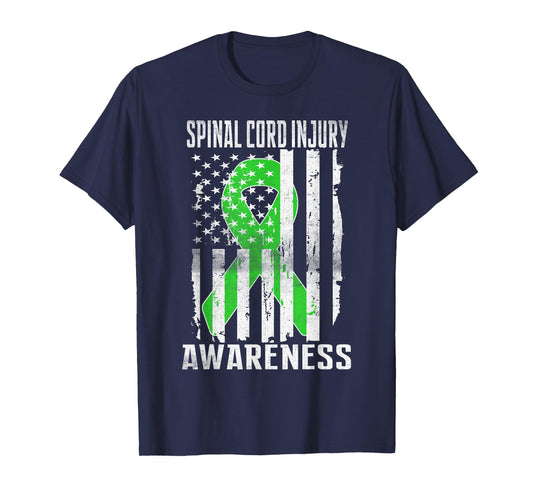 Spinal Cord Injury Awareness Day USA Flag Ribbon Lime Green T-Shirt