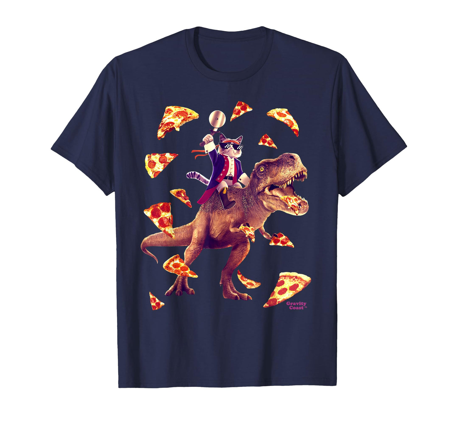 Samurai Cat Riding T Rex Eating Pizza Funny Dino for Kids T-Shirt