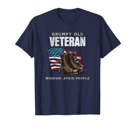 Funny Grumpy Old Vet for Military w/American Flag and Boots T-Shirt