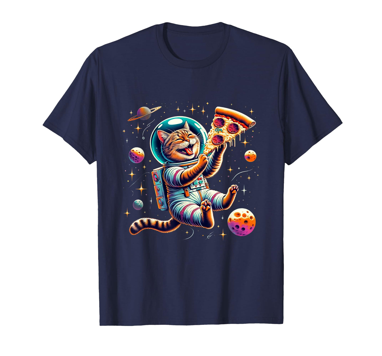 Funny Cat eating Pizza in space kitty Galaxy T-Shirt for Men Women Kids