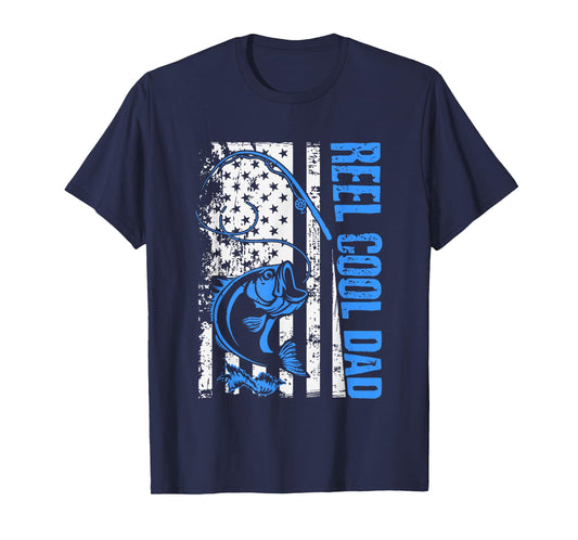 Reel Cool Dad Funny America USA Flag Bass Fishing Papa Daddy T-Shirt