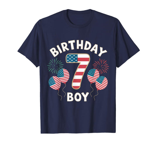 Boys 7 Years Old American Flag 4th Of July 7th Birthday Kids T-Shirt