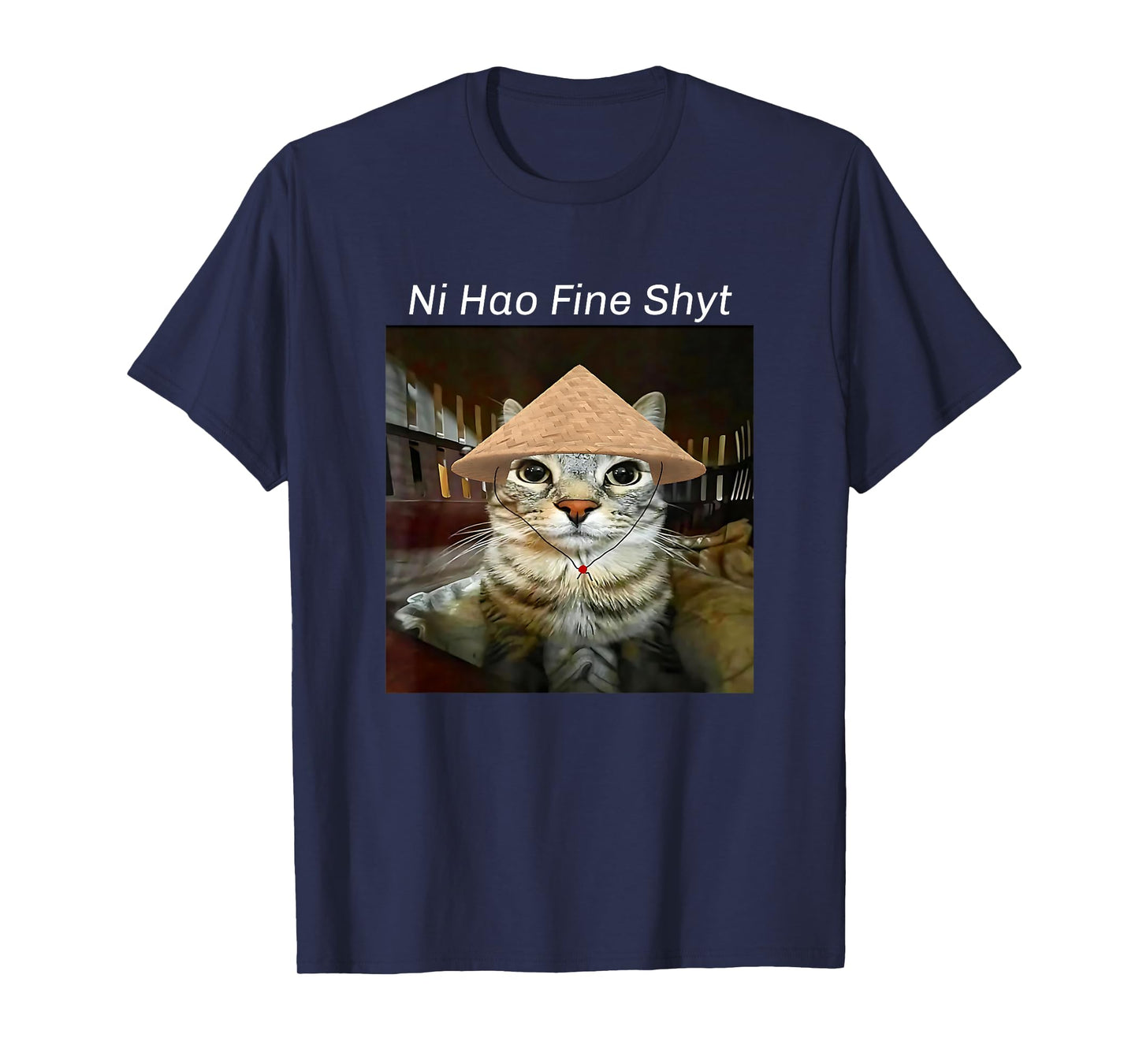 Ni Hao Fine Shyt Funny Silly Cat Meme Brain Red Staring Cat T-Shirt