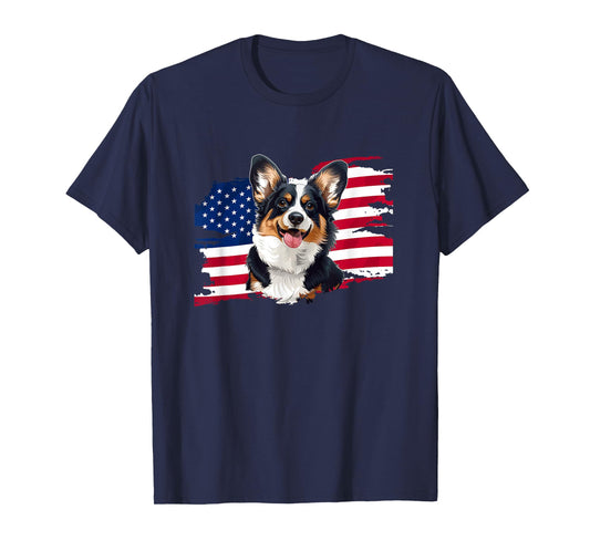 American USA Flag 4th July Fourth Black Tricolor Corgi Lover T-Shirt