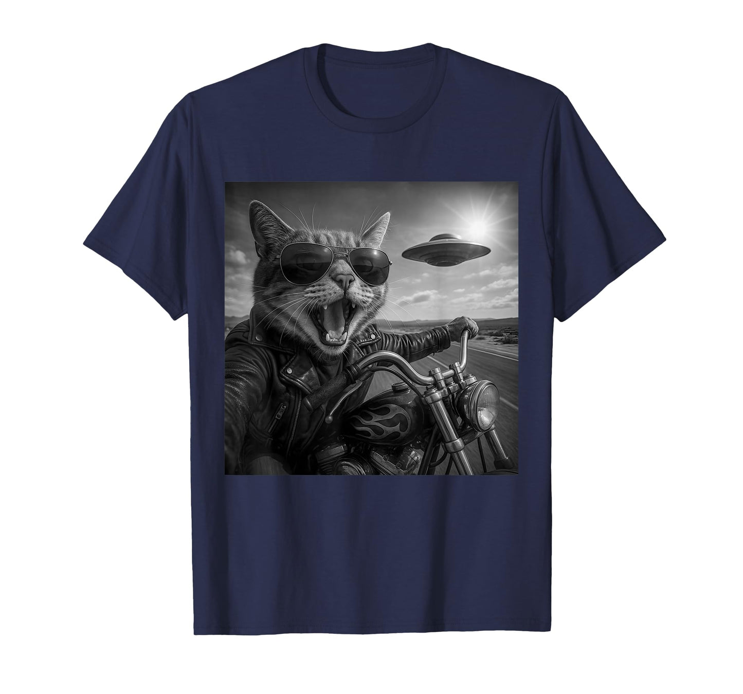 Funny Cat Biker Motorcycle Cat Selfie UFO Aliens Men Women T-Shirt