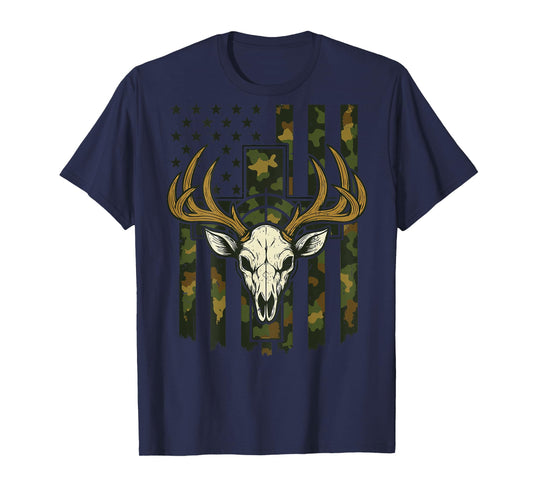 Camo Deer Hunting Elk Skull American Flag Christian Cross T-Shirt