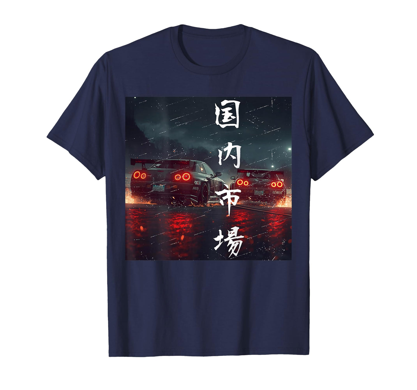 Backprint JDM Drift Race Cars Racing Rainy Night Scene Art T-Shirt