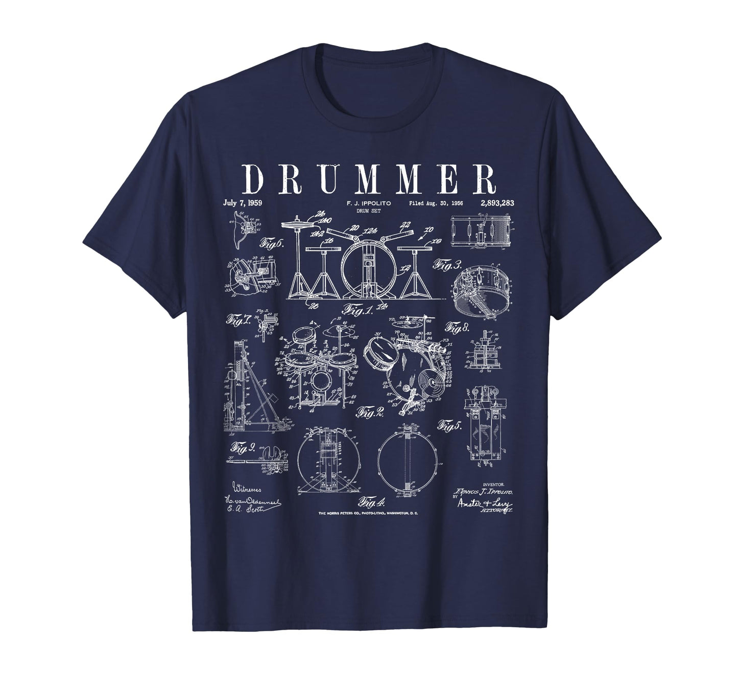 Drum Set Kit Vintage Patent Drummer Drawing Print T-Shirt