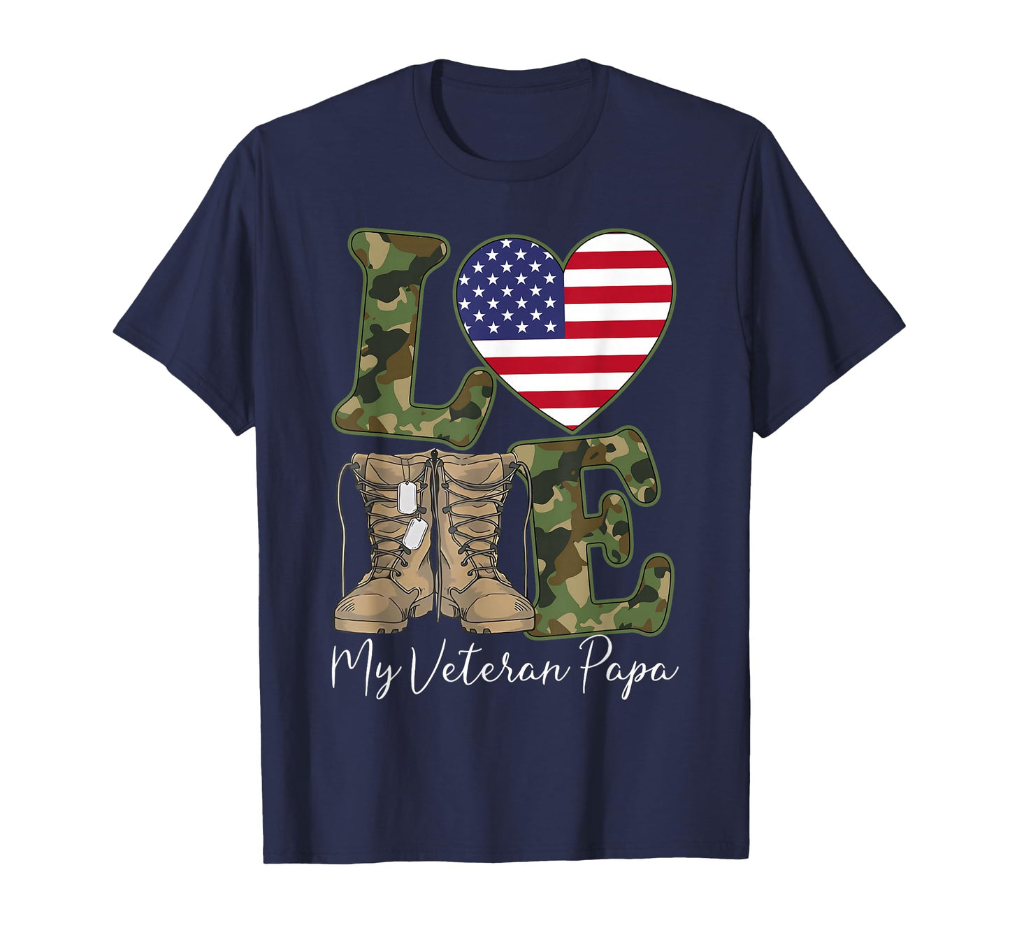 Love My Veteran Papa Proud Military Grandpa USA Flag T-Shirt