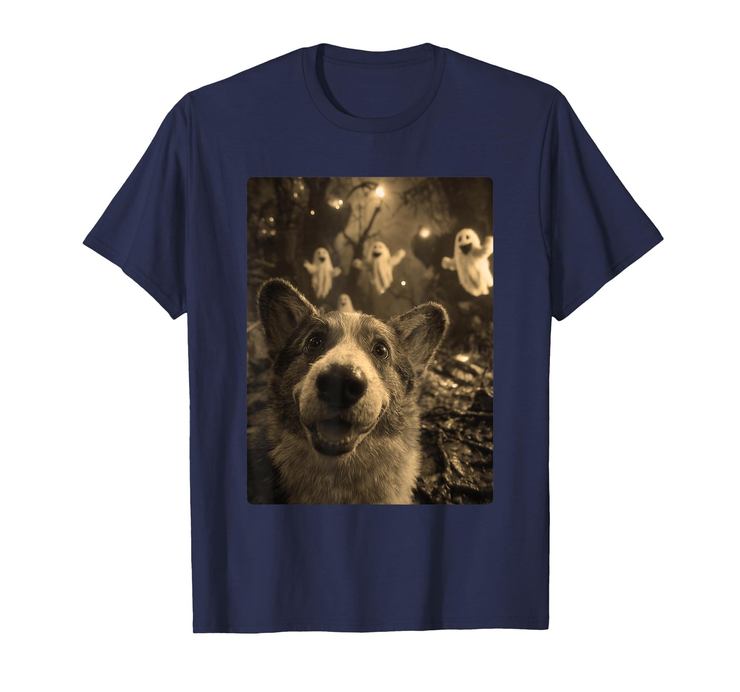 Funny Corgi Selfie with Ghosts Haunted Forest Halloween Dog T-Shirt