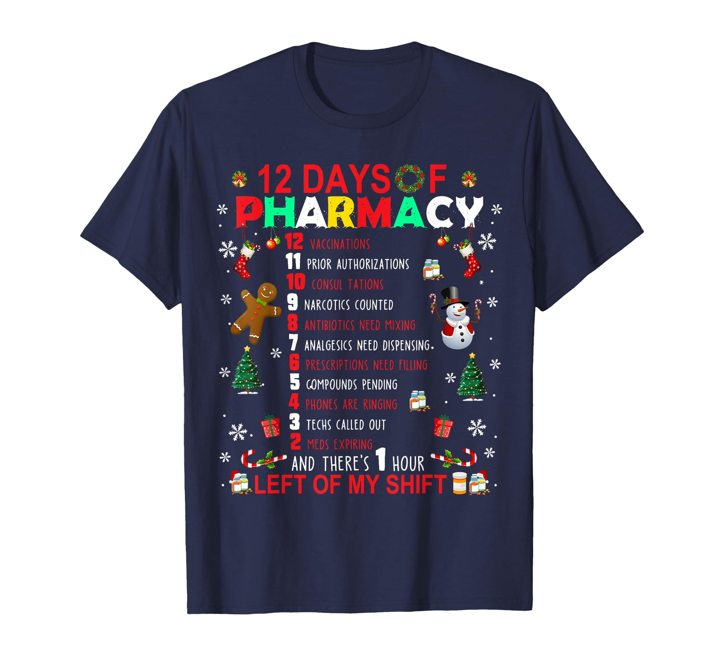 12 Days Of Pharmacy Funny Christmas Pharmacist Tech Xmas T-Shirt