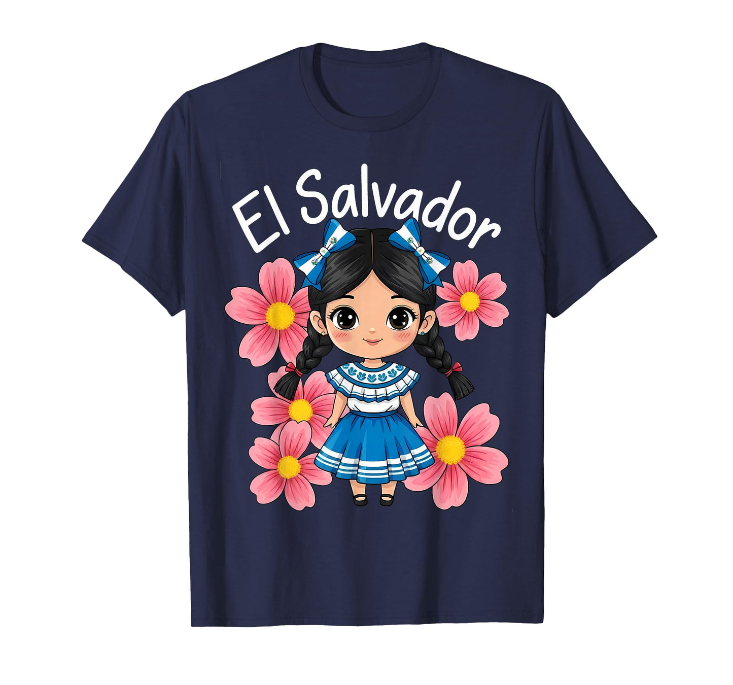 Salvadoran Flag Hispanic Heritage Cute El Salvador Girl Kids T-Shirt
