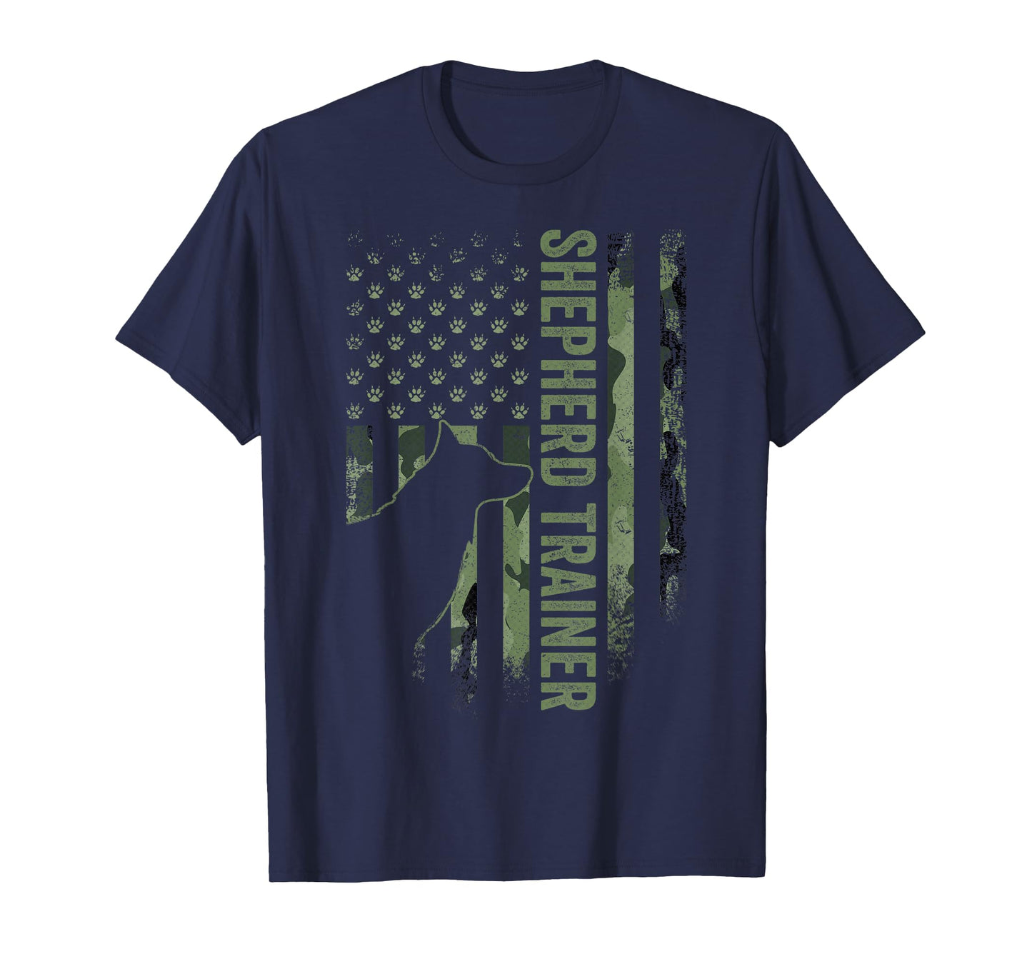 Vintage Camouflage USA Flag Shepherd Dog Trainer Silhouette T-Shirt