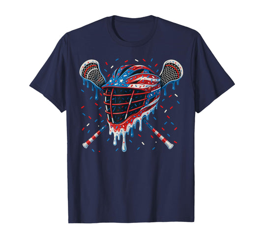Patriotic American Flag Lacrosse Ice Cream Drip Lax Boys T-Shirt