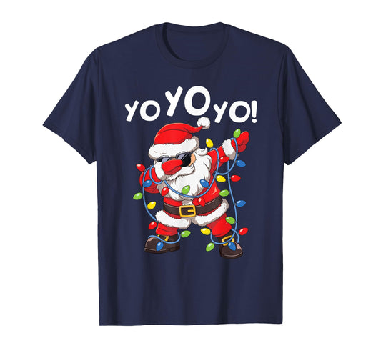 Dabbing Santa In Hat Garland Yo Yo Yo Funny Christmas T-Shirt