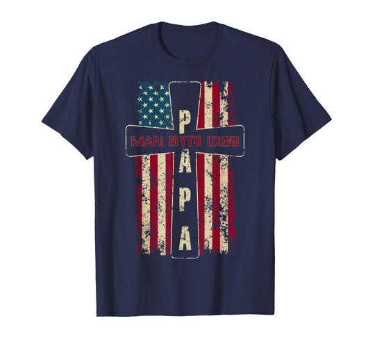 Papa Man Myth Legend USA American Flag Christian Cross T-Shirt