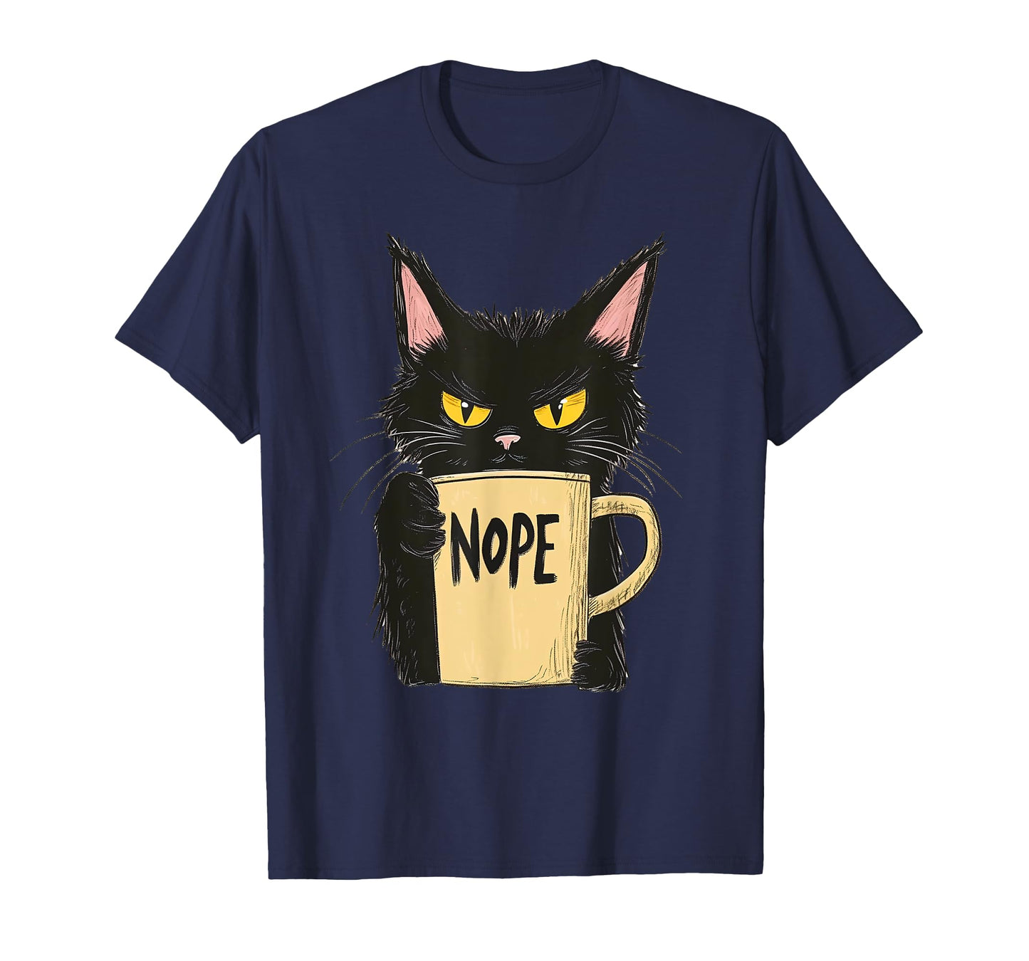 Funny Nope Cat - Black Cat with Coffee Mug T-Shirt