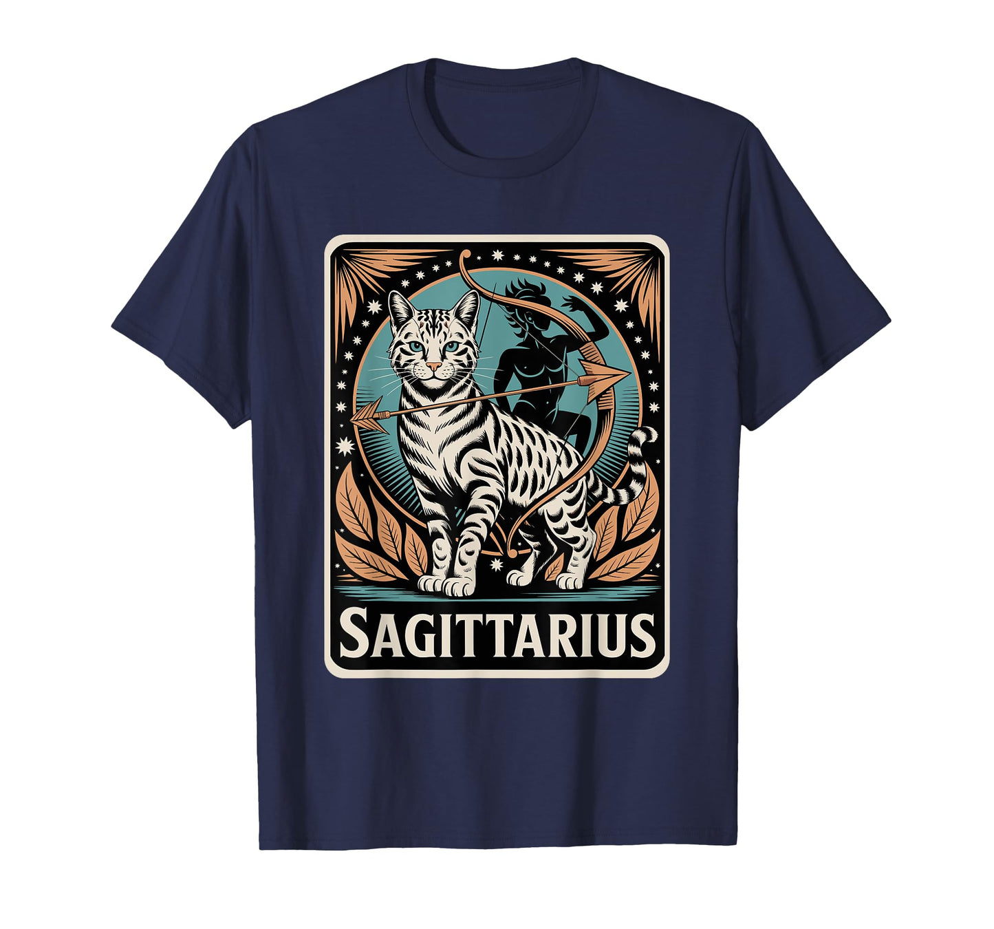 Sagittarius Cat Zodiac Art with Bow and Arrow in Starry Sky T-Shirt