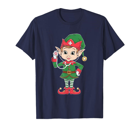Cute Elf Nurse Scrub Tops Christmas Stethoscope Nursing Girl T-Shirt