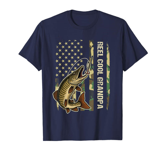Reel Cool Grandpa Muskie Fishing Fisherman American Flag T-Shirt