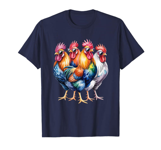 Cool Roosters with Sunglasses Colorful Chicken Farm Humour T-Shirt