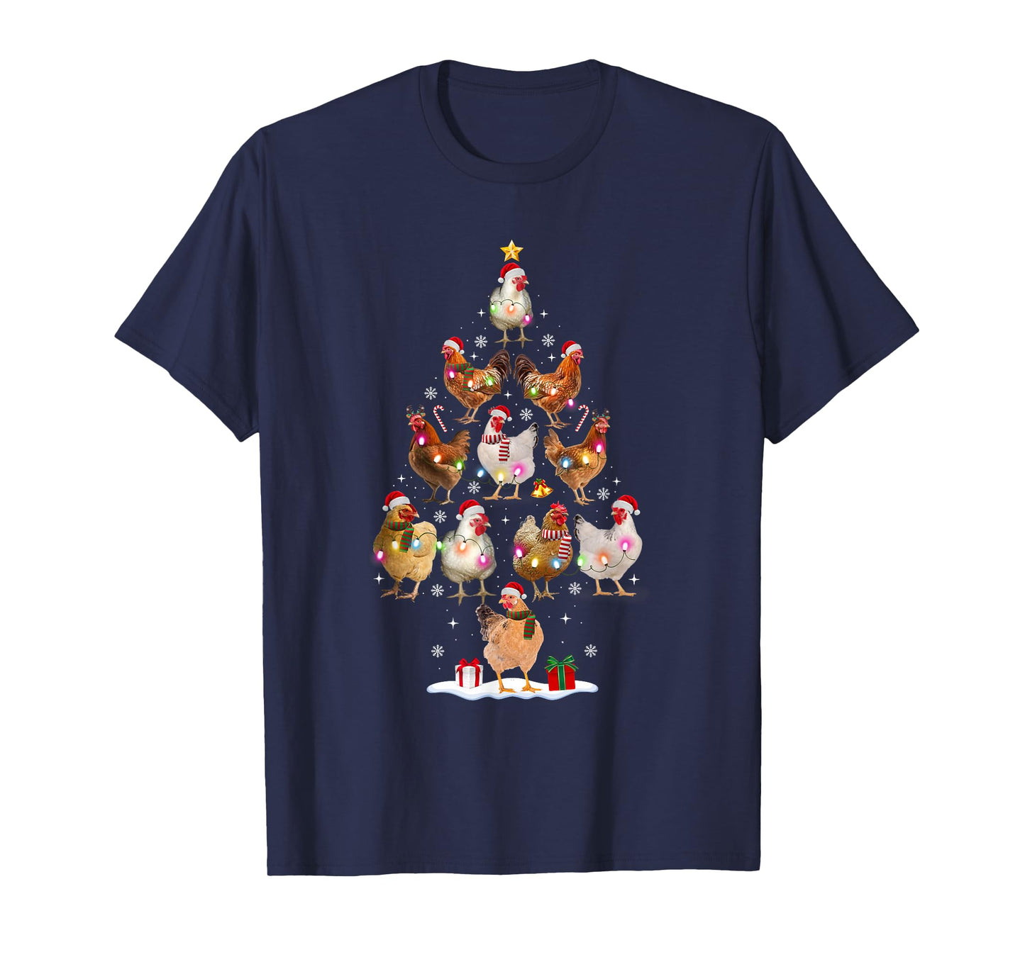 Chicken Christmas Tree Lights Santa Hat Funny Xmas Pajamas T-Shirt