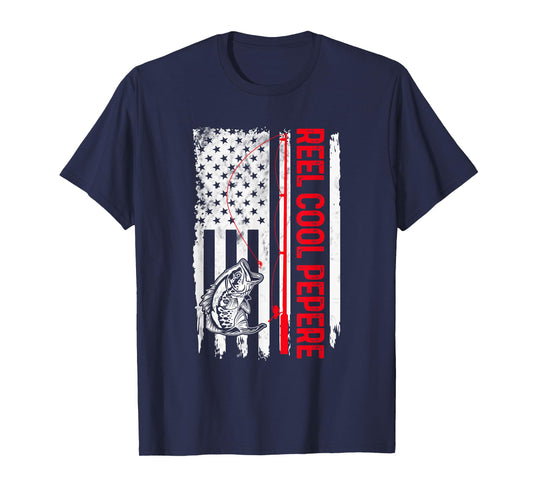 Mens Reel Cool Pepere Fishing American Flag Funny Grandpa T-Shirt
