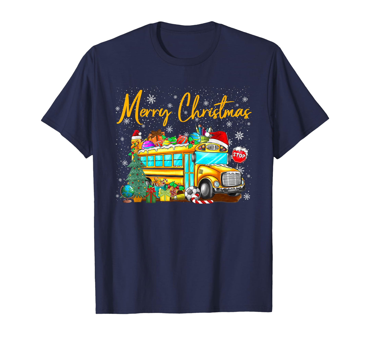 School Bus Driver Santa Hat Merry Christmas Tree Men Women T-Shirt