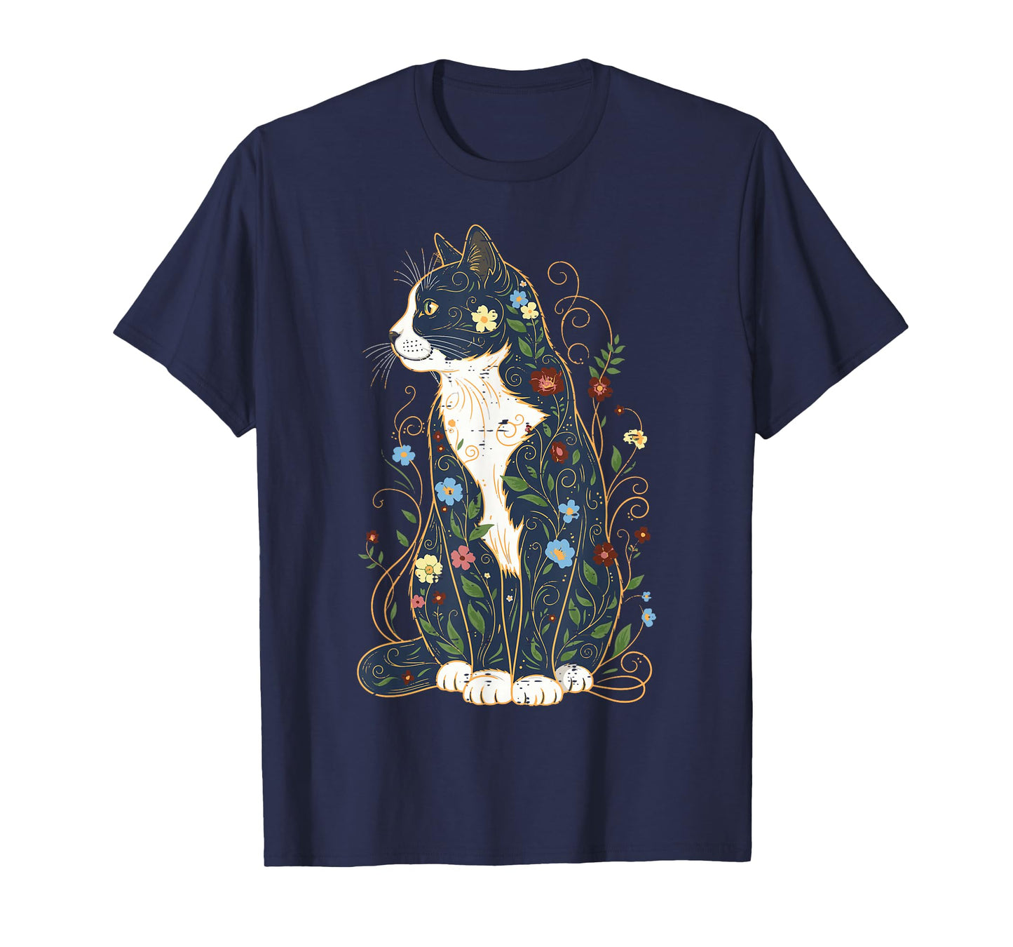 Cat Sitting Ornamental Flowers Kitten Floral Women Girls Kid T-Shirt