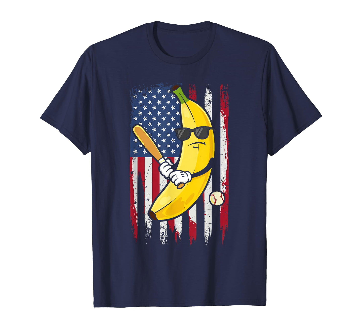 Banana Baseball Player on American Flag for Sports Fans T-Shirt