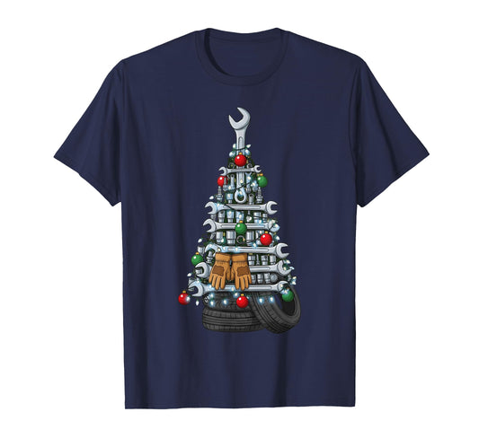 Christmas Mechanic Tools Ornaments Lights Xmas Tree Men T-Shirt