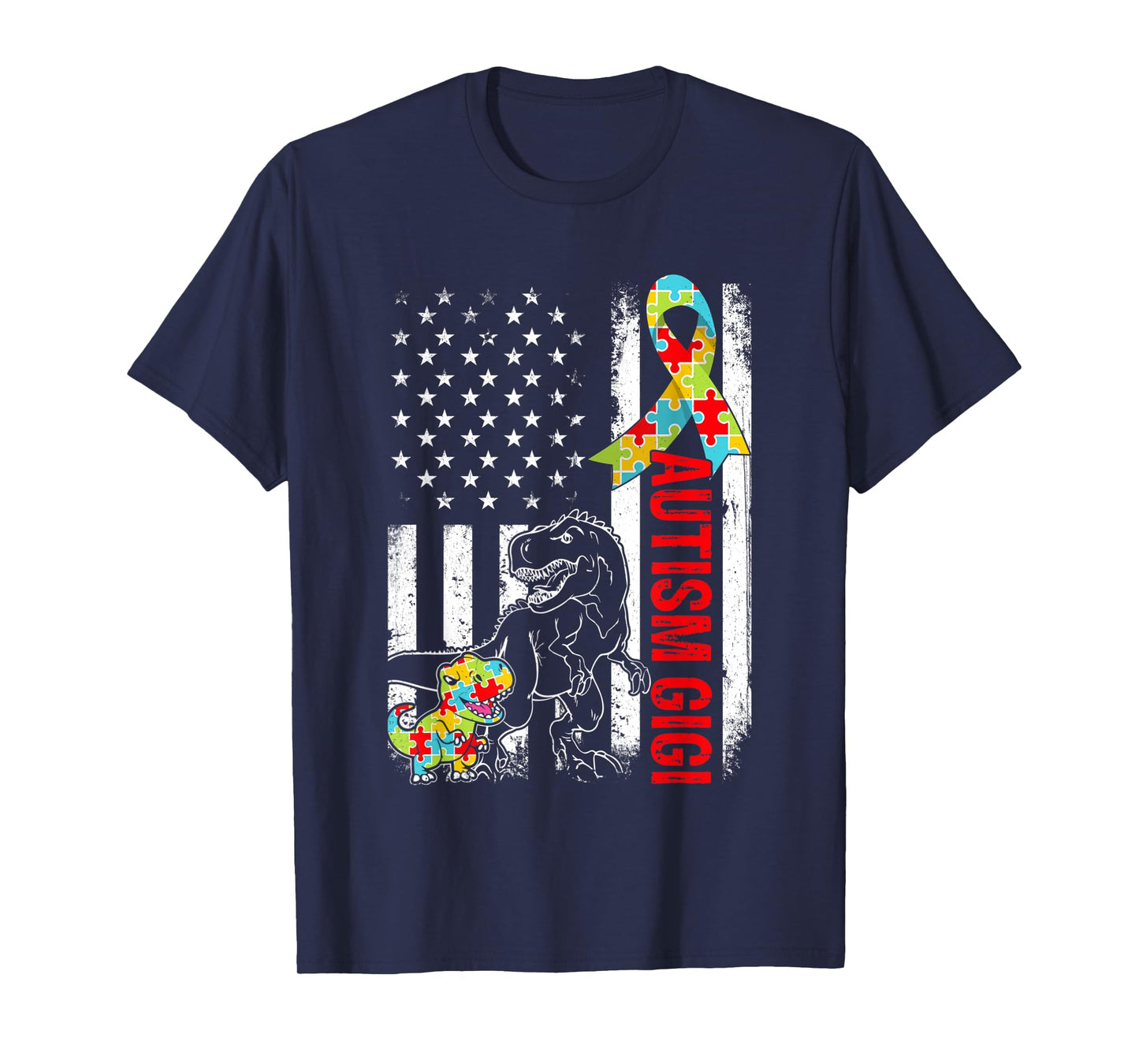 American Flag Autism Gigi Dinosaur Awareness Autistic Women Kids Men T-Shirt