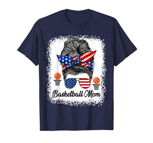 Basketball Mom Messy Bun USA Flag Glasses 4th of July T-Shirt
