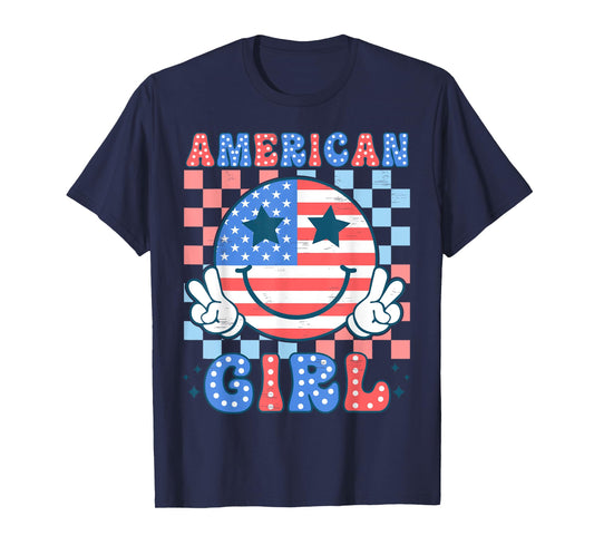 Happy Face USA Flag Patriotic American Girls Kid 4th of July T-Shirt