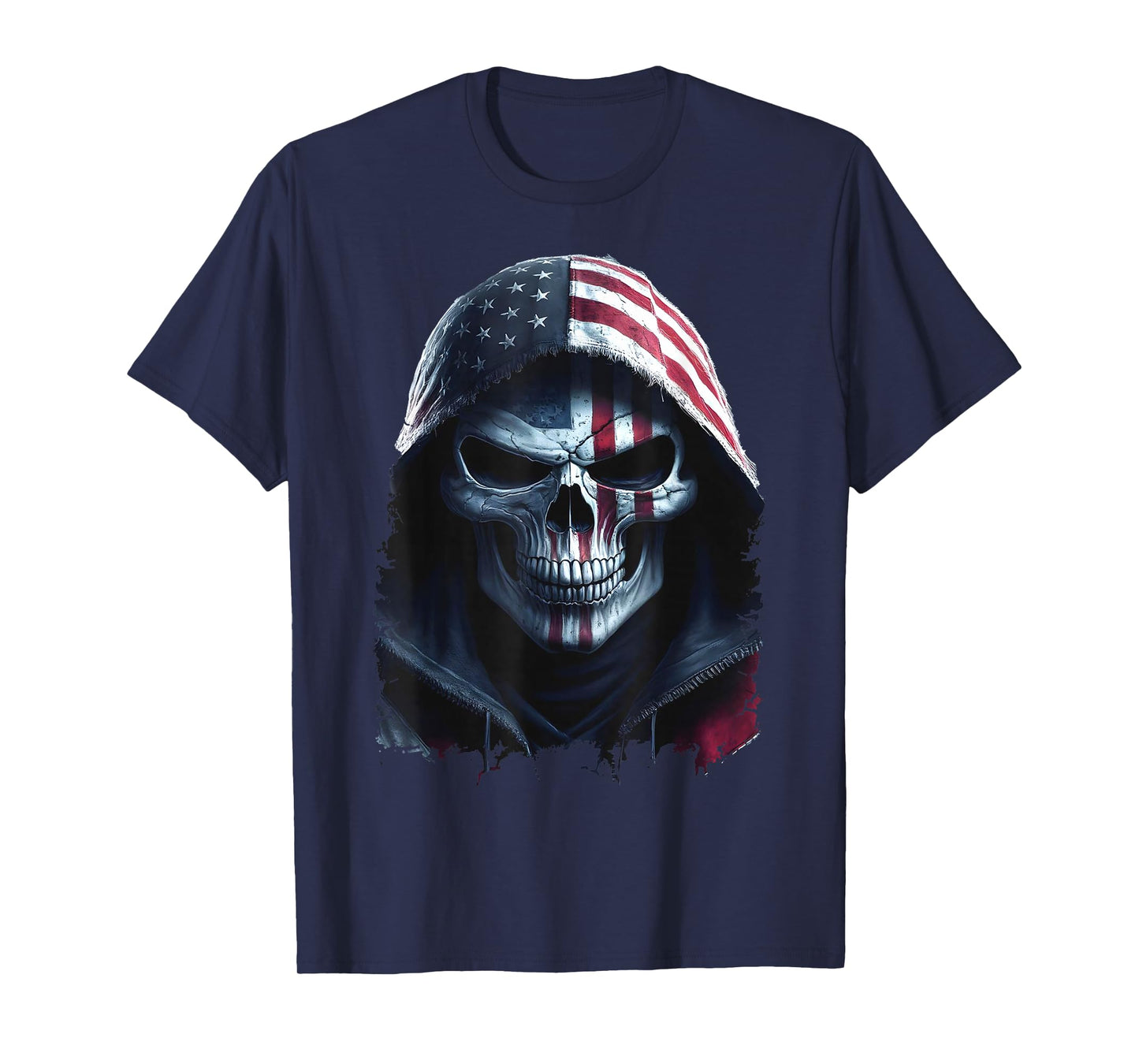 American Flag Skull Art Grim Reaper with USA Flag Hood T-Shirt