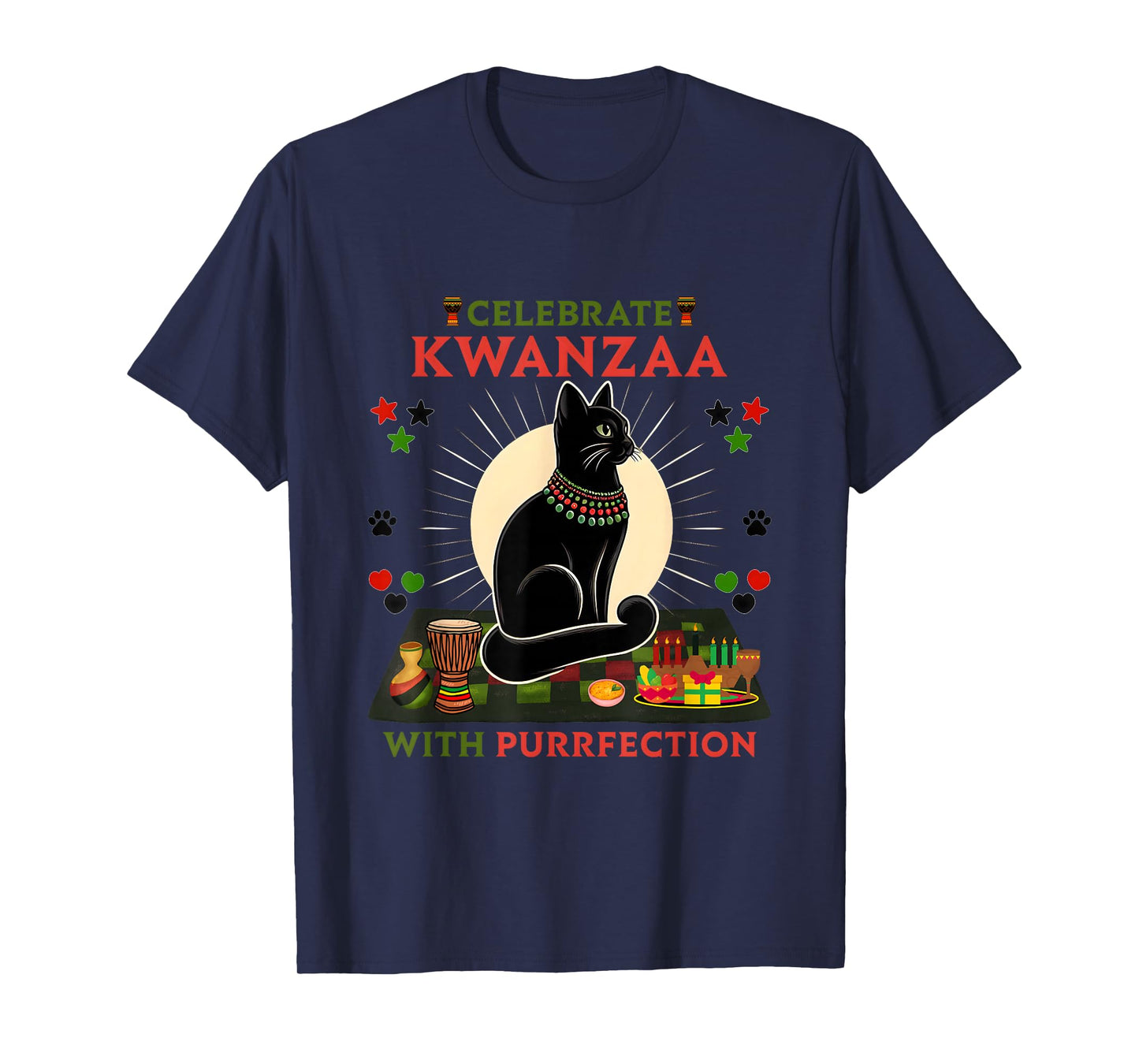 Kwanzaa Kinara Black Cat Christmas African American Holiday T-Shirt for Men Women Kids