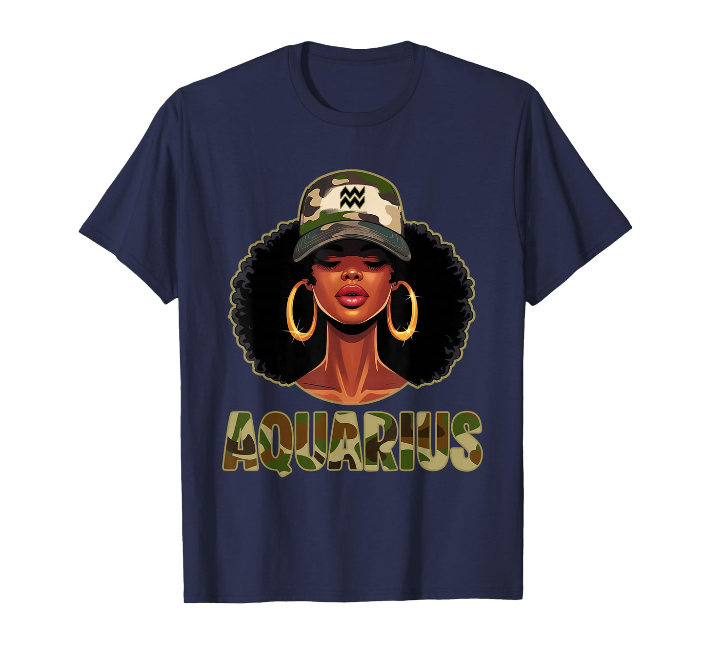 Aquarius Queen Black Woman with Cap Camo Afro Girl Zodiac T-Shirt