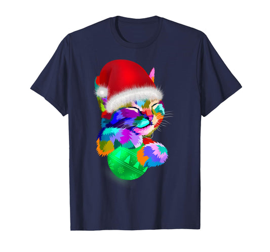 Cute Cat Colourful Funny Santa Hat Christmas Ball Costume T-Shirt for Men Women Kids