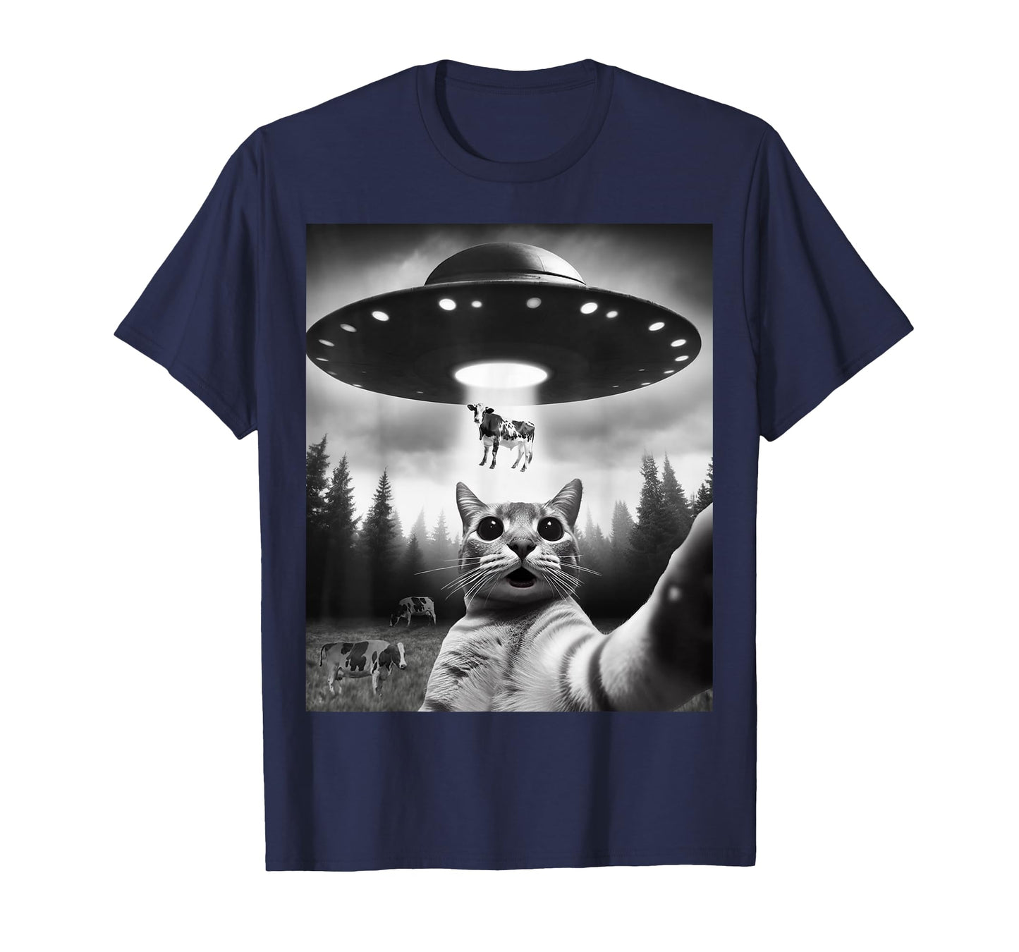 Funny Cat Selfie Flying Alien UFO Abducting Cow Cryptid Men Women Girls Kids T-Shirt