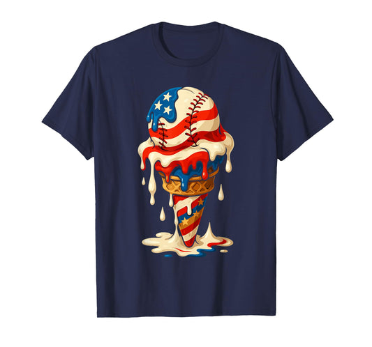 4th Of July Baseball Drip Ice Cream Cone American Flag T-Shirt