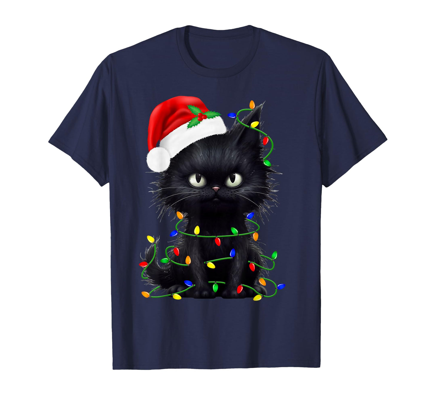 Retro Black Cat Christmas Light Funny Cat Men Women Kids T-Shirt