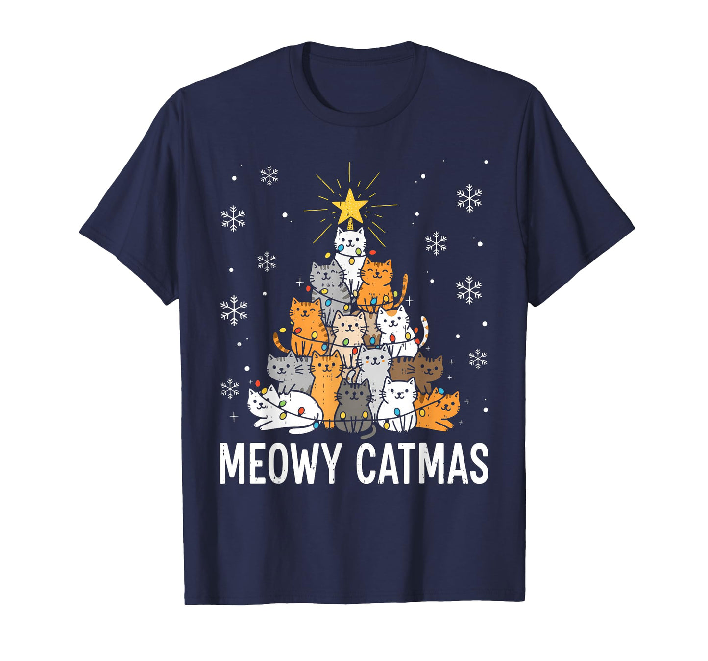 Meowy Catmas Cute Christmas Cats Tree Light Xmas Girls Boys T-Shirt