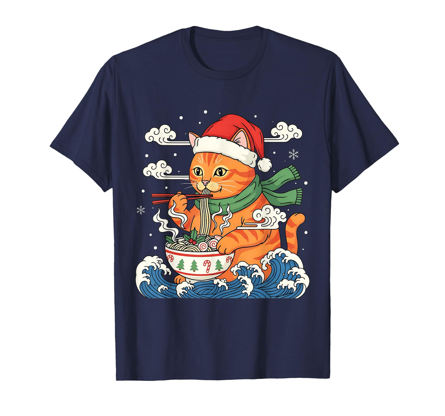 Funny Christmas Ramen Cat Eating Noodles Japanese Kawaii Cat T-Shirt