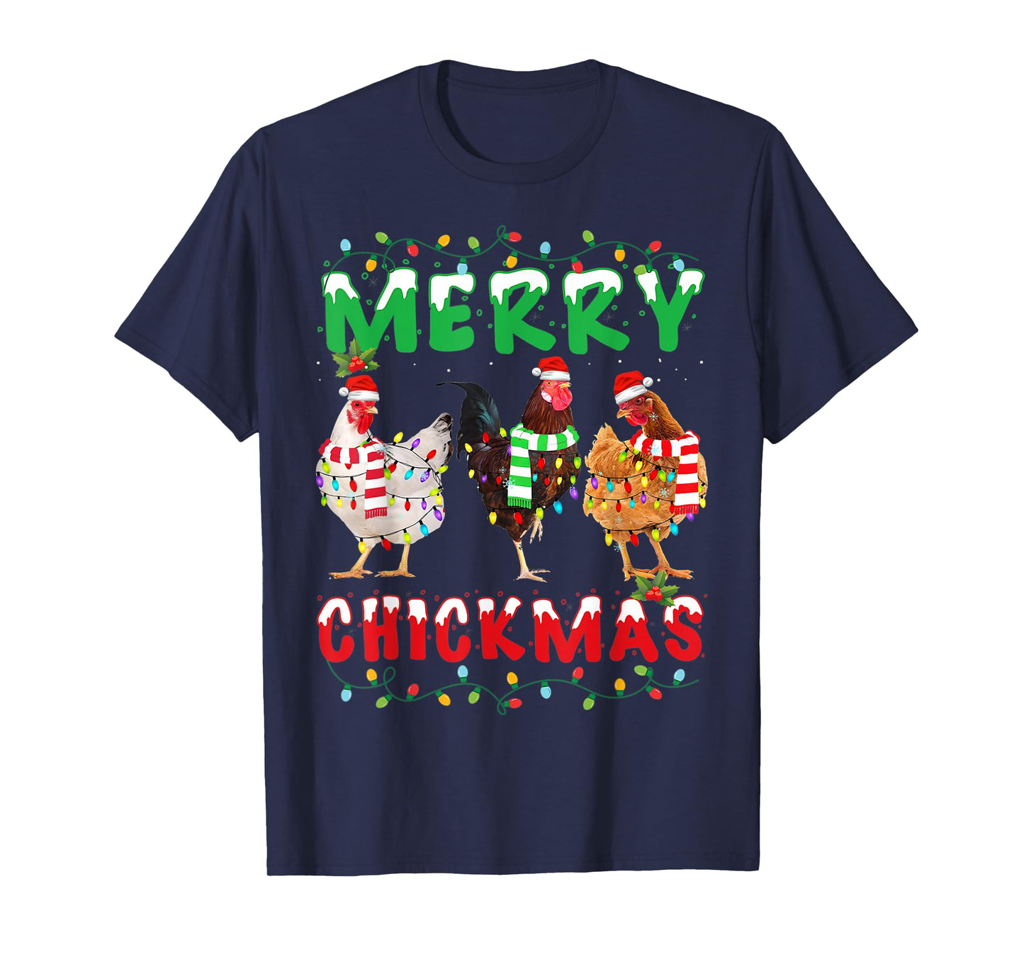 Merry Christmas Chicken Shirt Santa Hat Lights Funny Gift T-Shirt