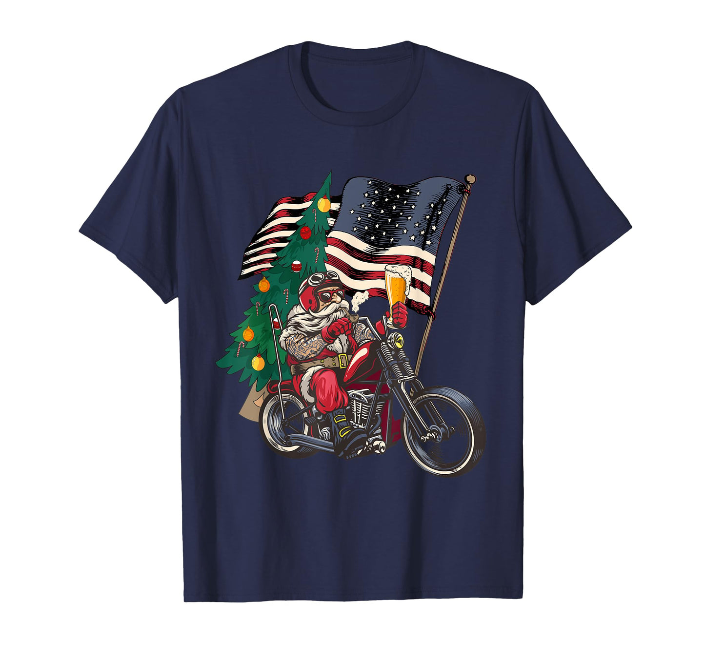 Santa Riding Motorcycle on Christmas - Biker US Flag T-Shirt