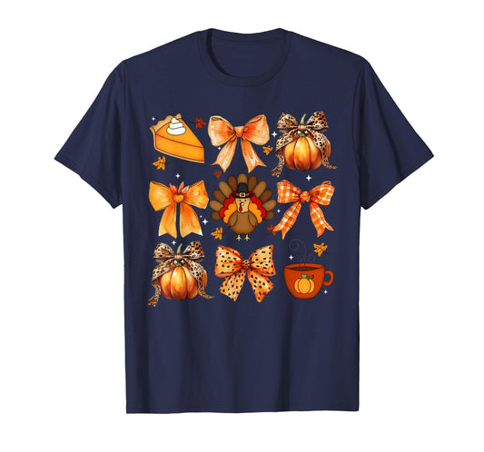 Coquette Bow Pumpkin Season Thanksgiving Autumn Fall Leaves T-Shirt